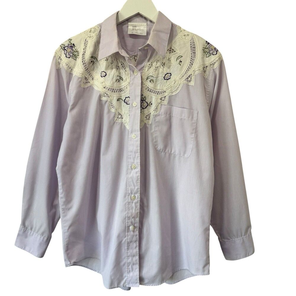 Cottagecore Western Shabby Chic Coquette Girl Pinstripe Button Shirt Lace MEDIUM